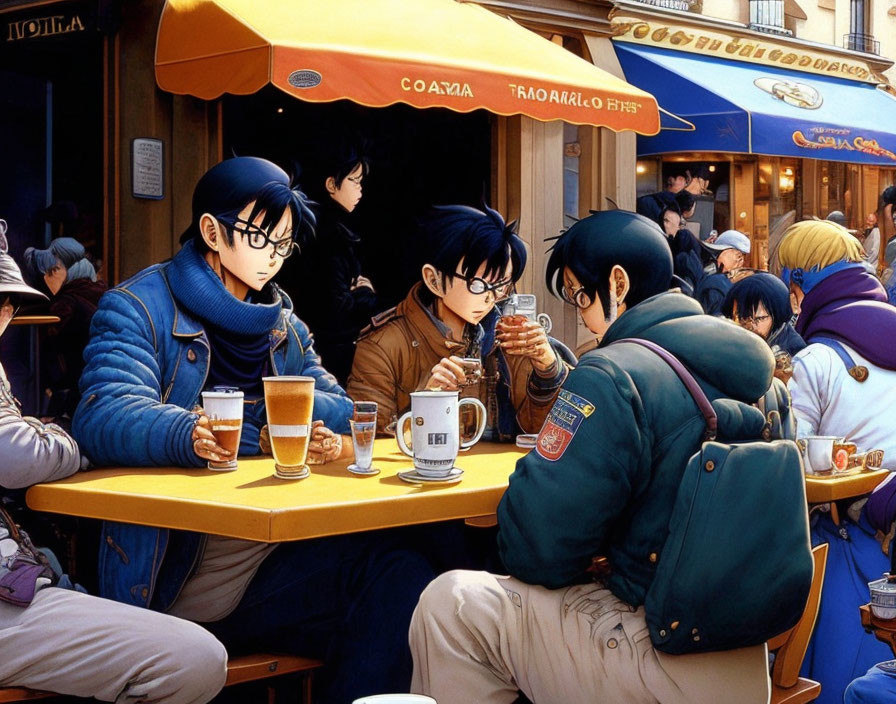 Three identical animated characters at cafe table with drinks, bustling street scene.