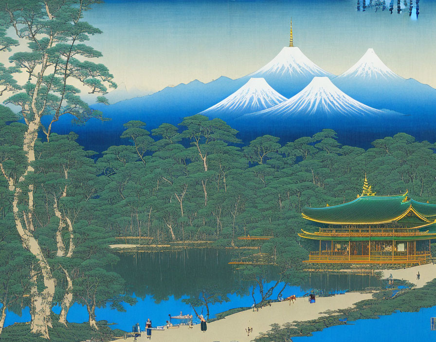 Traditional Japanese Scene: Mount Fuji, Serene Lake, Green Trees, Golden Pagoda