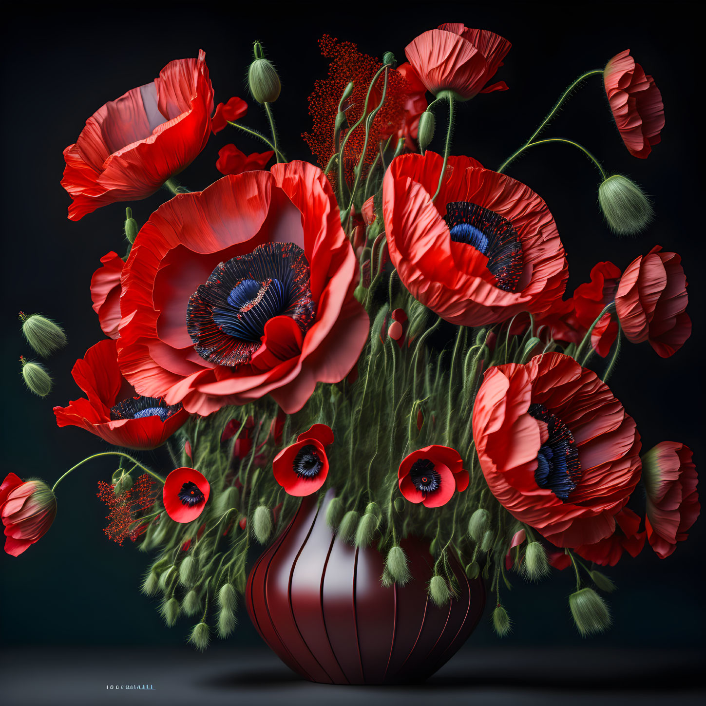 Bright red poppies with dark centers in a vase against a dark background