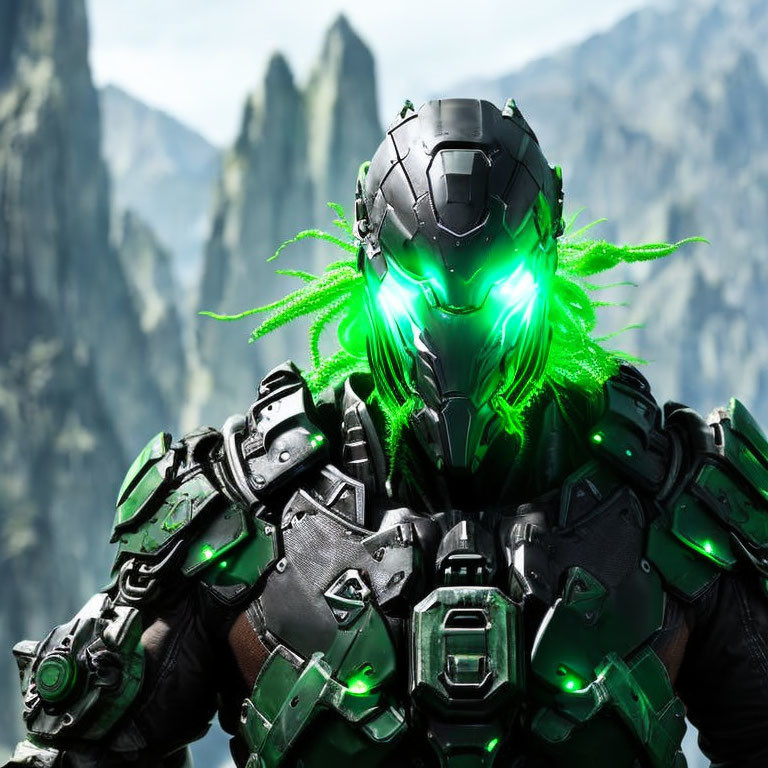 Futuristic green-armored figure with glowing chest in mountainous setting