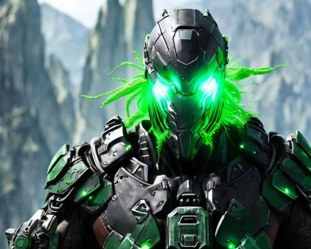 Futuristic green-armored figure with glowing chest in mountainous setting