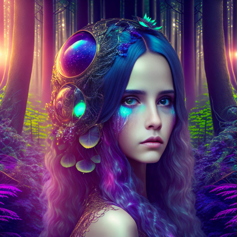 Vibrant Purple Hair Woman with Cosmic Makeup in Galaxy Headdress