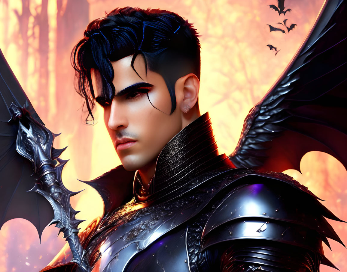 Male fantasy character with dark hair, earring, black wings, intricate armor, fiery backdrop, bats