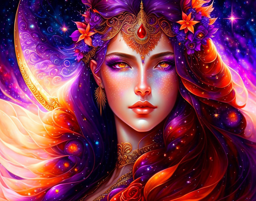 Fantastical purple-skinned woman with floral headdress and cosmic hair.