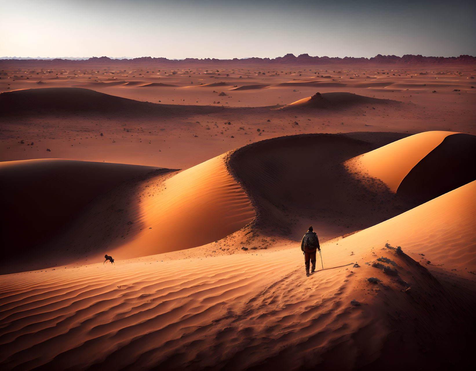 Person with walking stick and dog in vast desert landscape