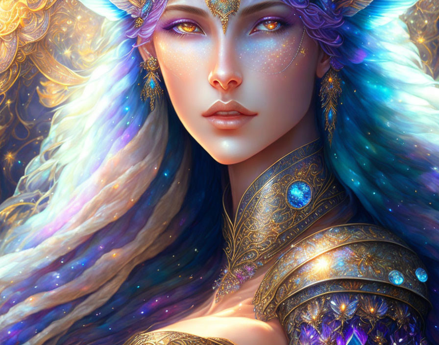 Digital fantasy portrait: Woman with blue hair in galaxy motif, golden armor, pointed ears, star-like