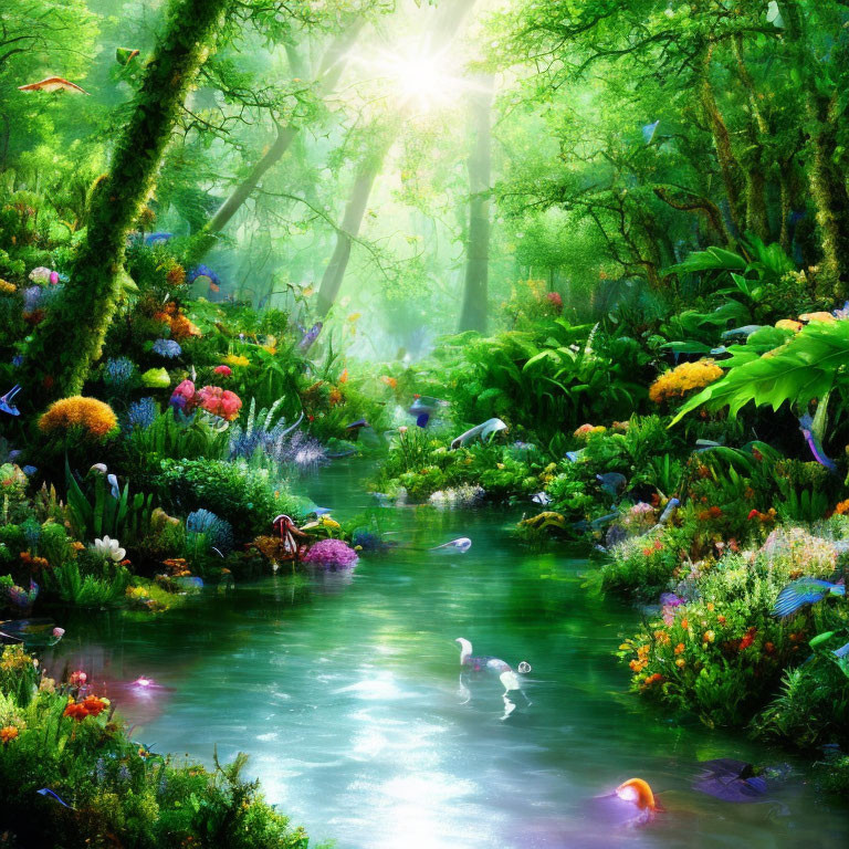 Lush forest scene with river, diverse flora, sunlight, and birds