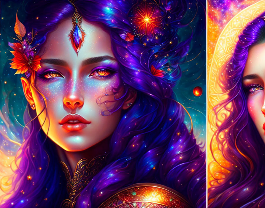 Illustration of mystical woman with purple hair and cosmic background.