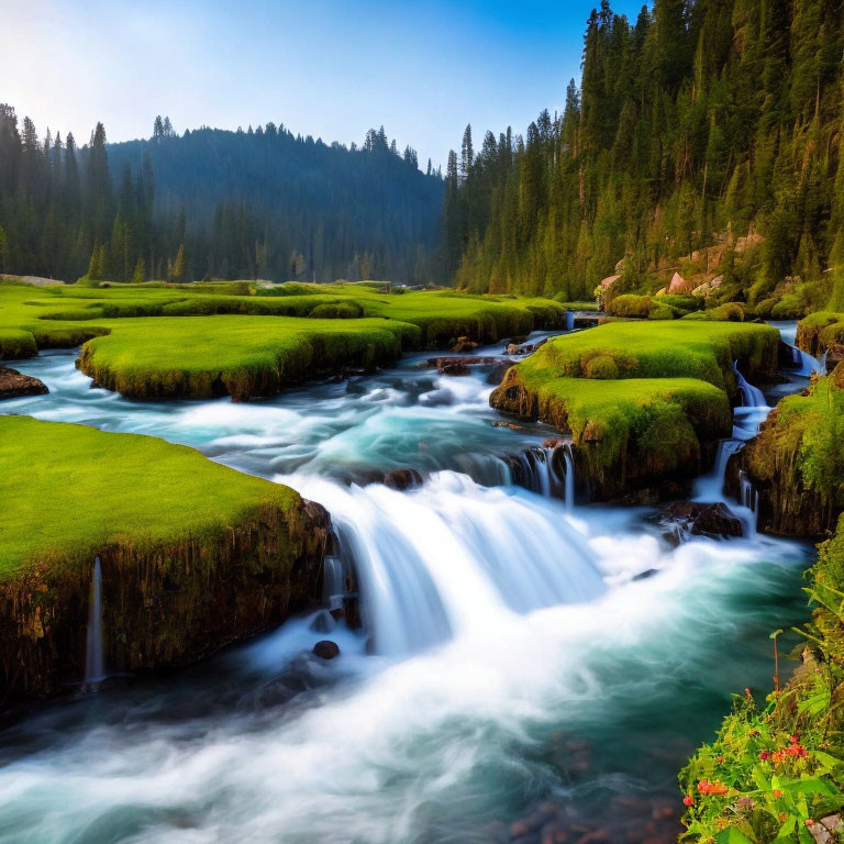 Tranquil River Flowing Through Mossy Rocks in Lush Green Landscape