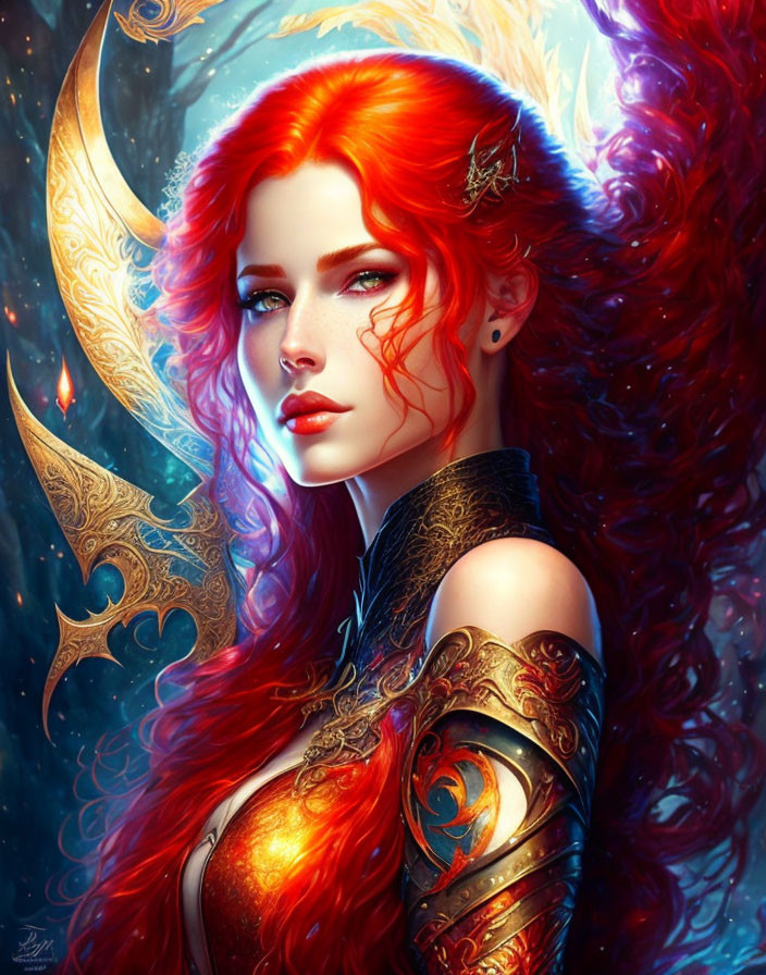 Fantasy Female Character with Red Hair in Gold Armor on Cosmic Background