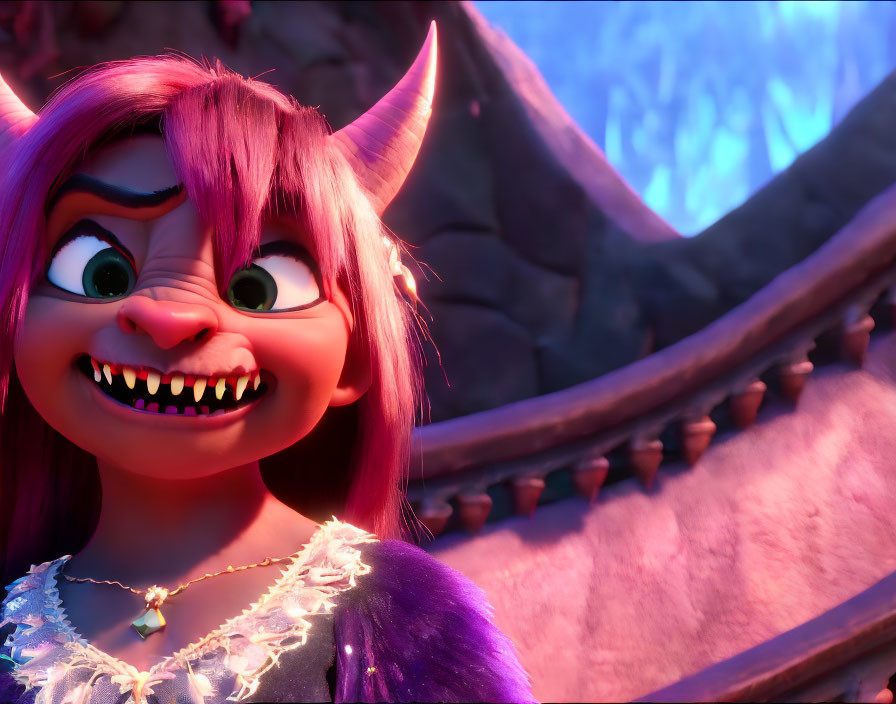 Smiling purple female creature with horns and pink hair on moody backdrop