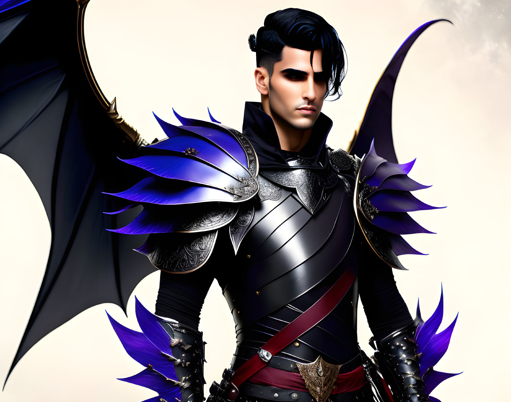 Digital Artwork: Person with Dragon-Like Wings in Black and Purple Armor