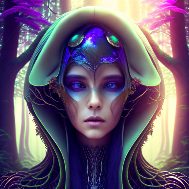 Fantasy portrait of female character with purple skin, cosmic gem, and emerald cloak in mystical forest