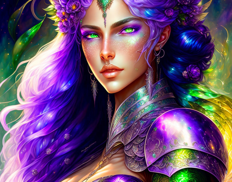 Fantasy illustration of woman with purple hair and green eyes in golden armor