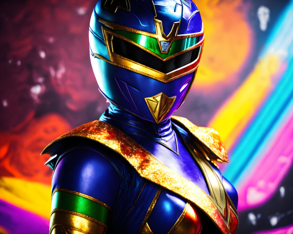 Blue and Gold Power Ranger Close-Up with Cosmic Background