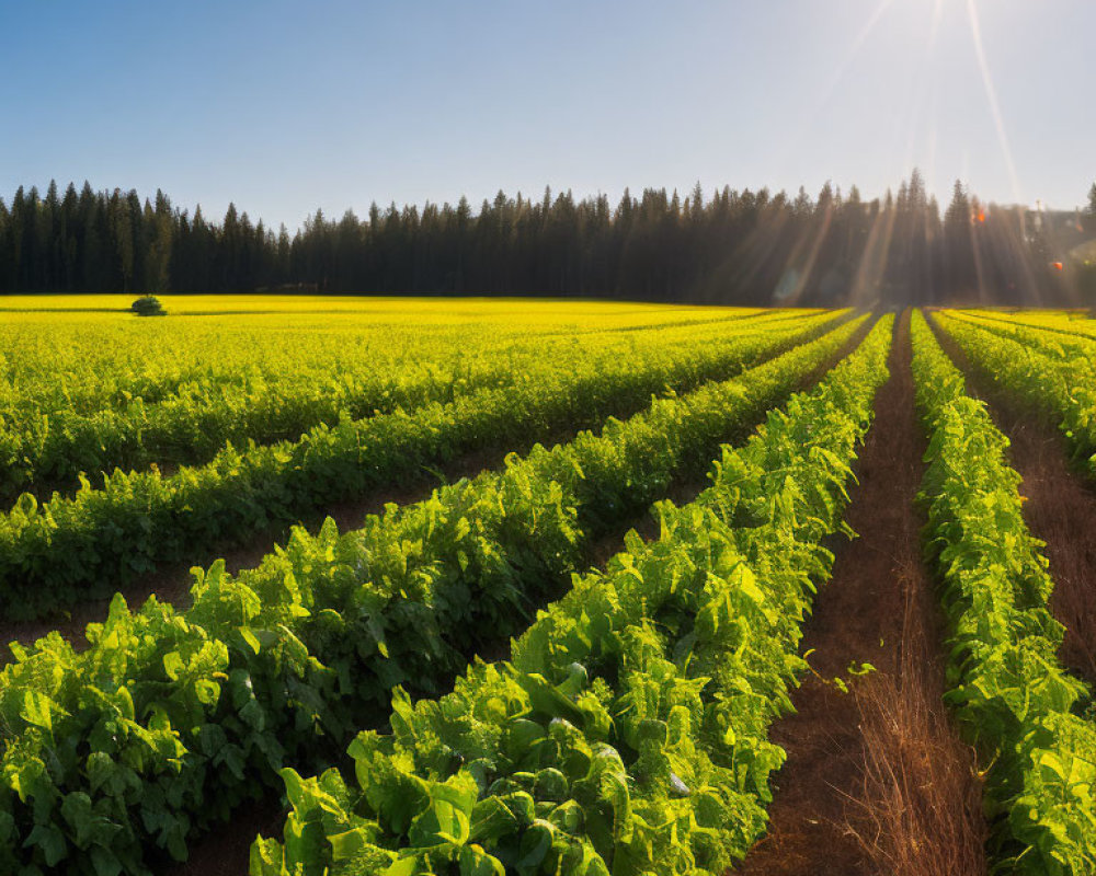 Sunlight illuminating green crop rows, forest backdrop, and clear blue sky