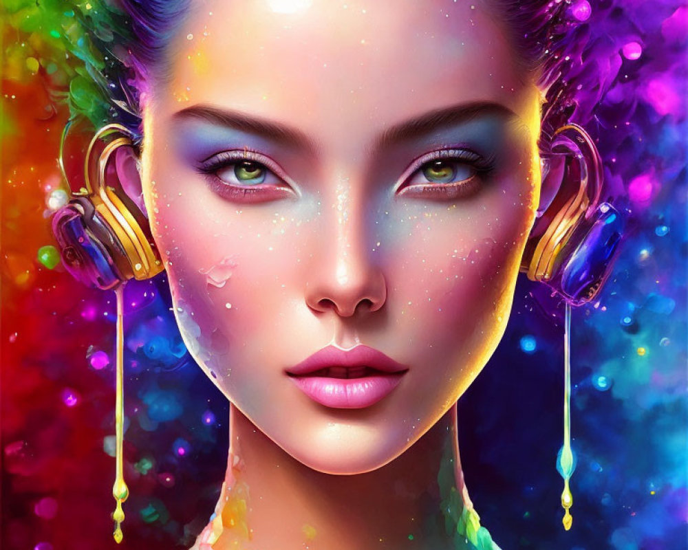 Vibrant digital portrait of a woman with colorful skin tones and paint dripping ears