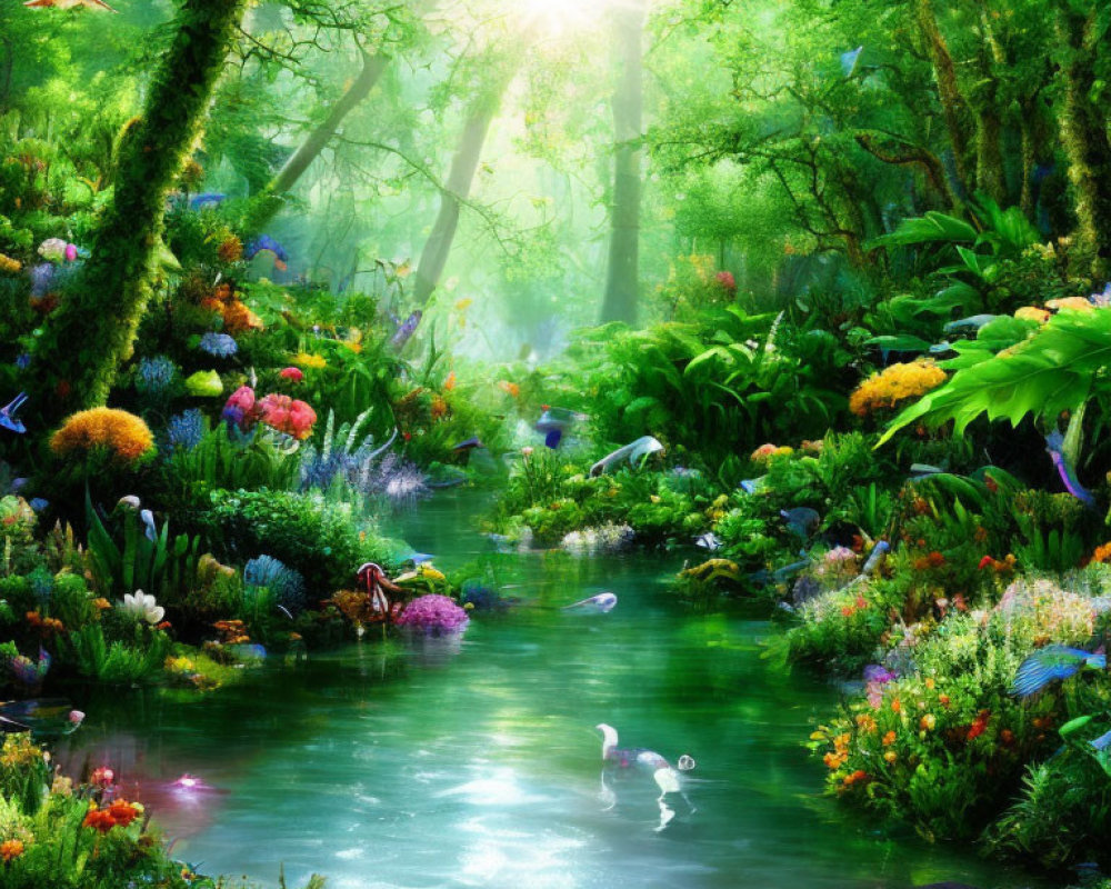 Lush forest scene with river, diverse flora, sunlight, and birds