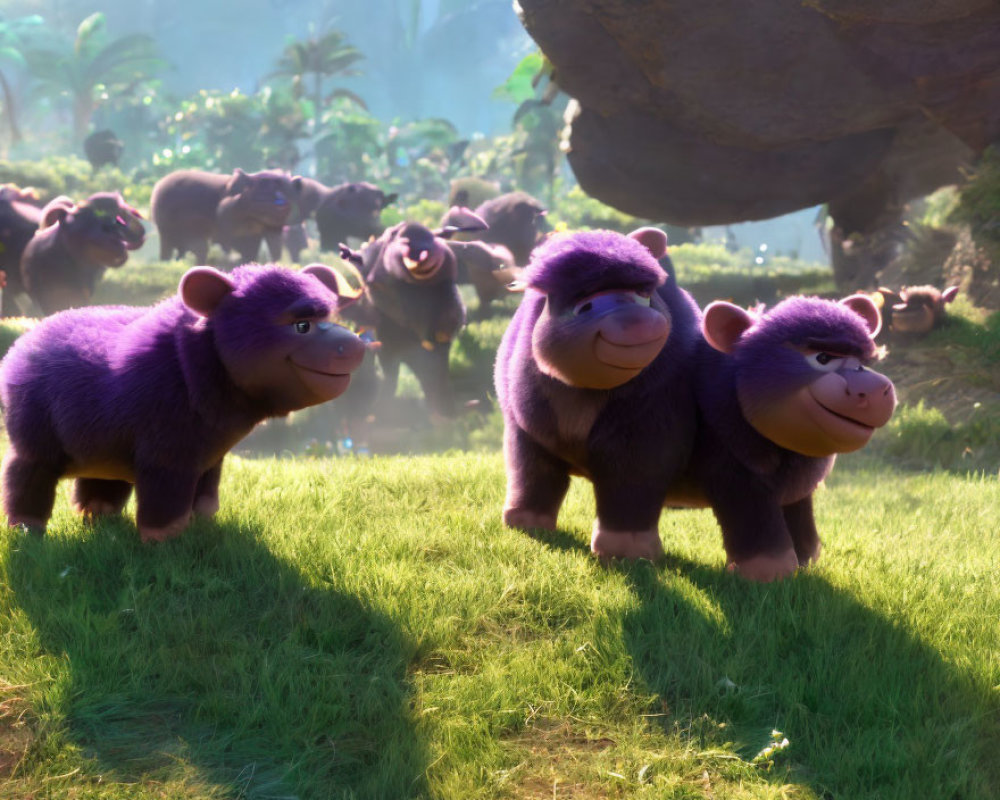 Purple animated gorillas in sunlit clearing with family in background