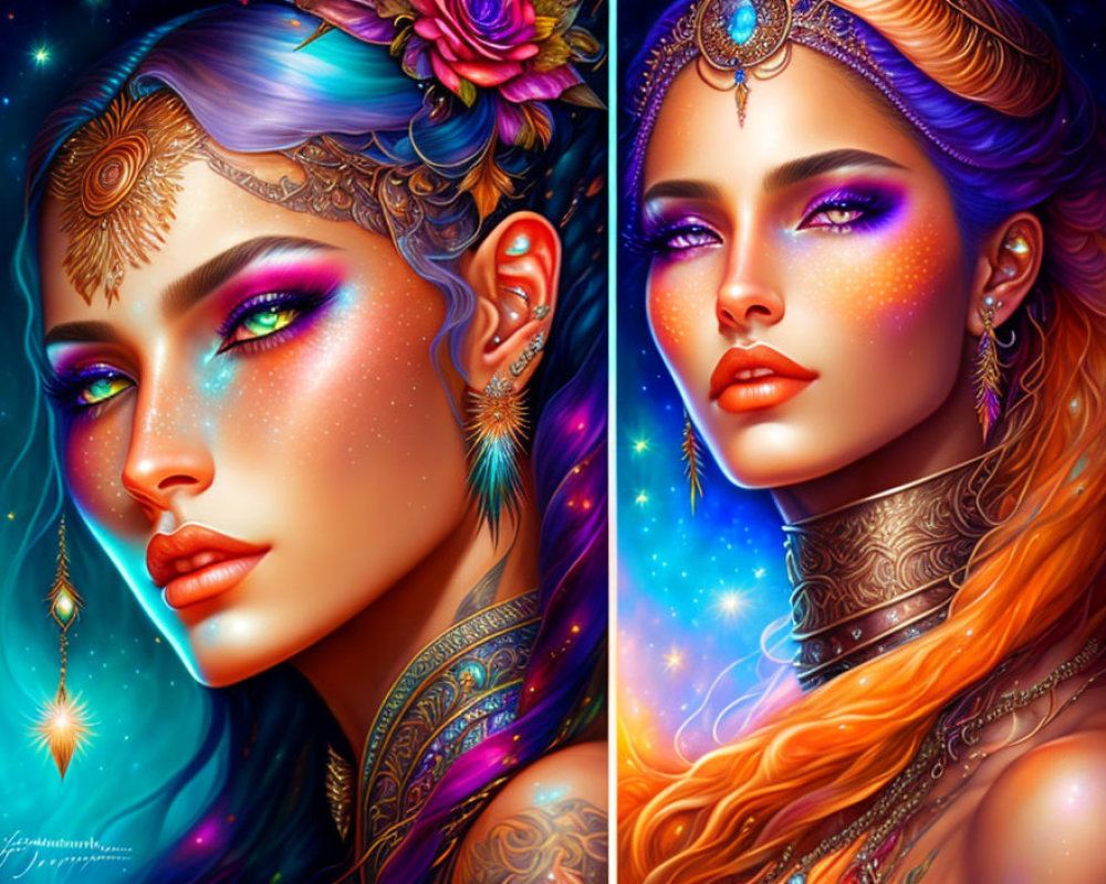 Fantasy women with blue and red hair, ornate jewelry, starry makeup in cosmic setting