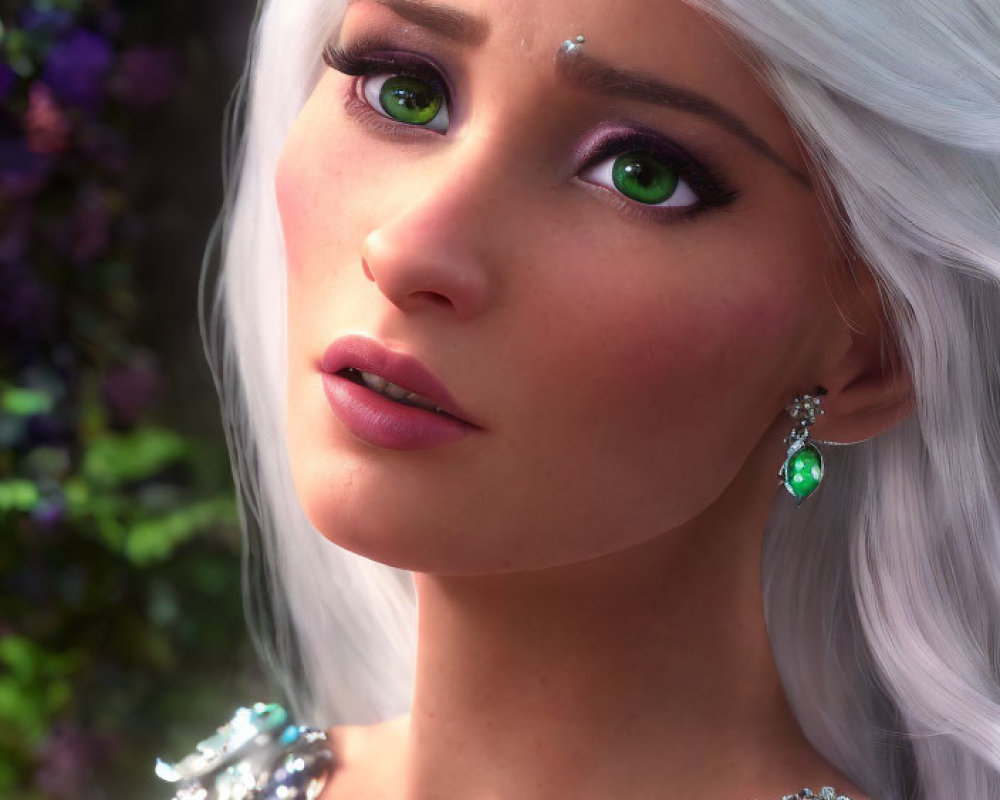 Digital artwork of woman with white hair, green eyes, and ornate jewelry in purple flower setting