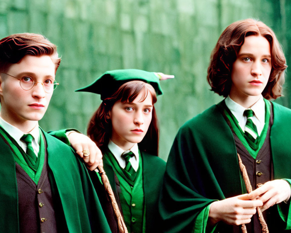 Three young people in green robes and graduation hats on green background