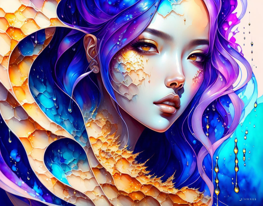 Colorful digital artwork featuring woman with blue and purple hair and honeycomb textures merging with skin, highlighted