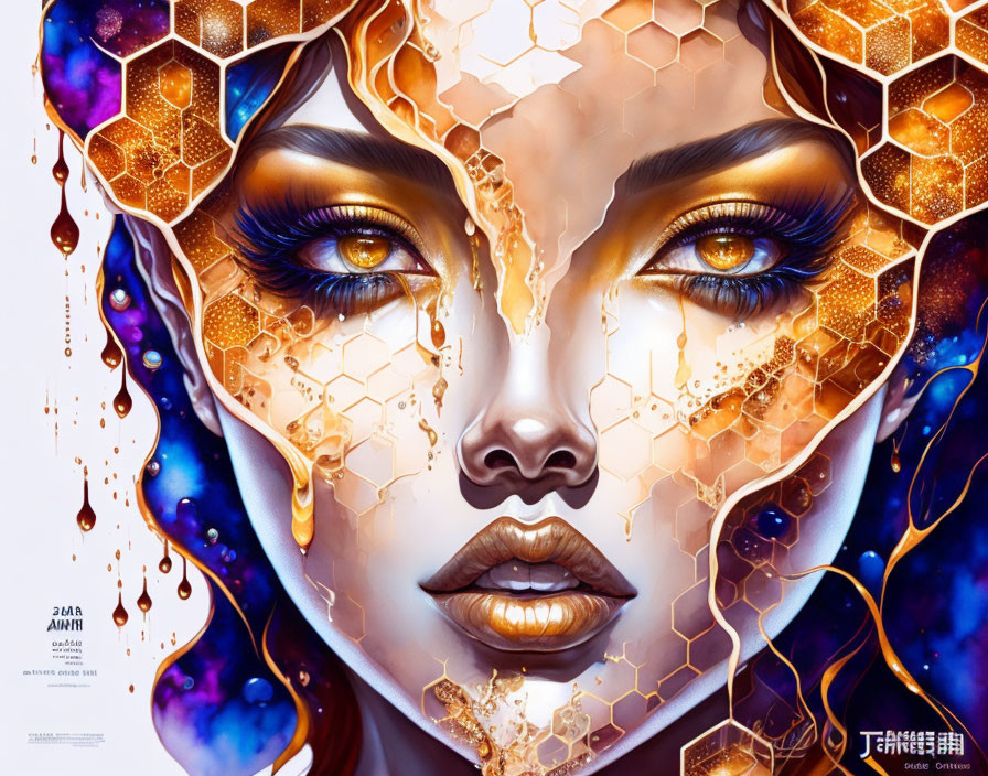 Woman's Face Illustration with Honeycomb Patterns and Blue-Gold Hues