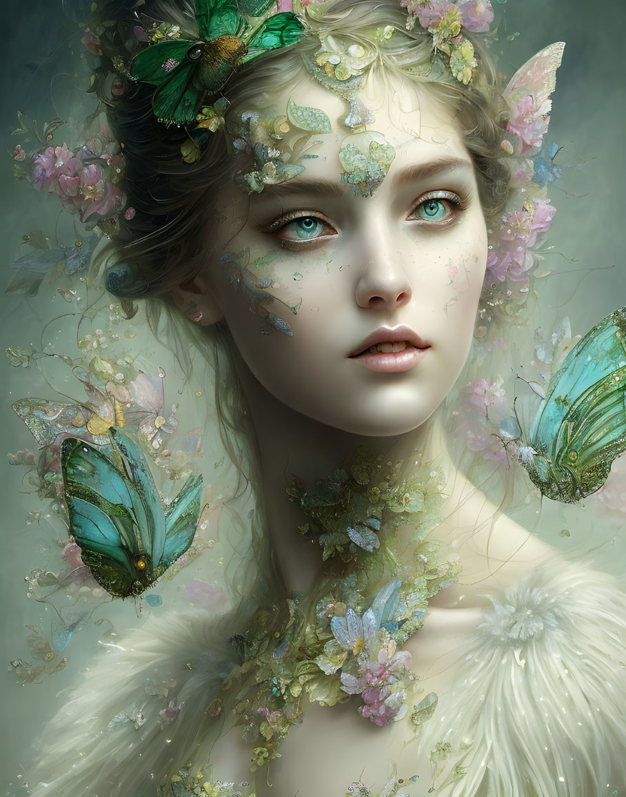 Fantasy portrait of woman with floral and butterfly adornments