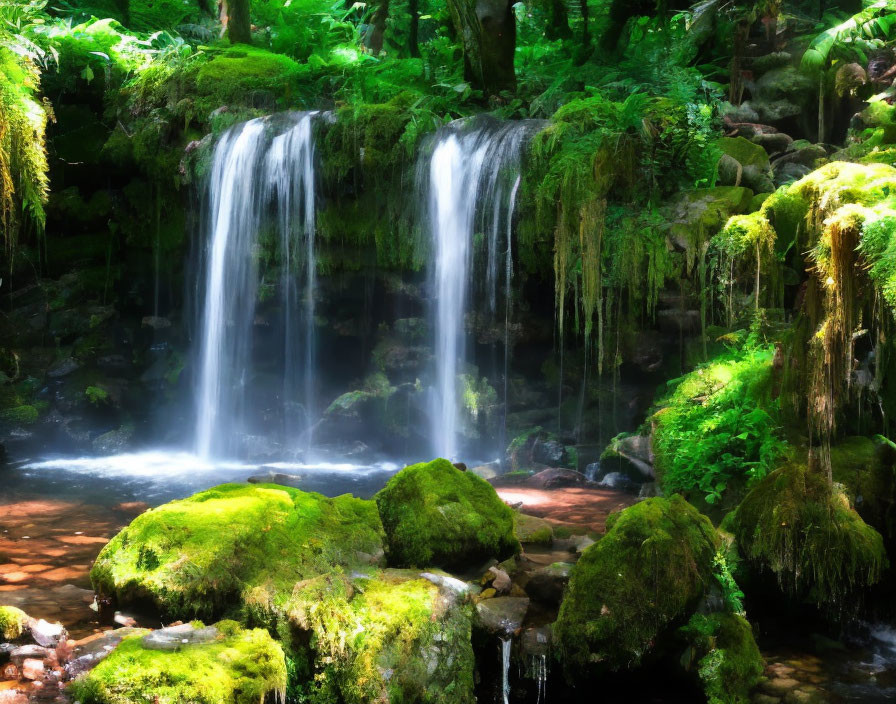 Tranquil waterfall cascading over moss-covered rocks in serene forest pool