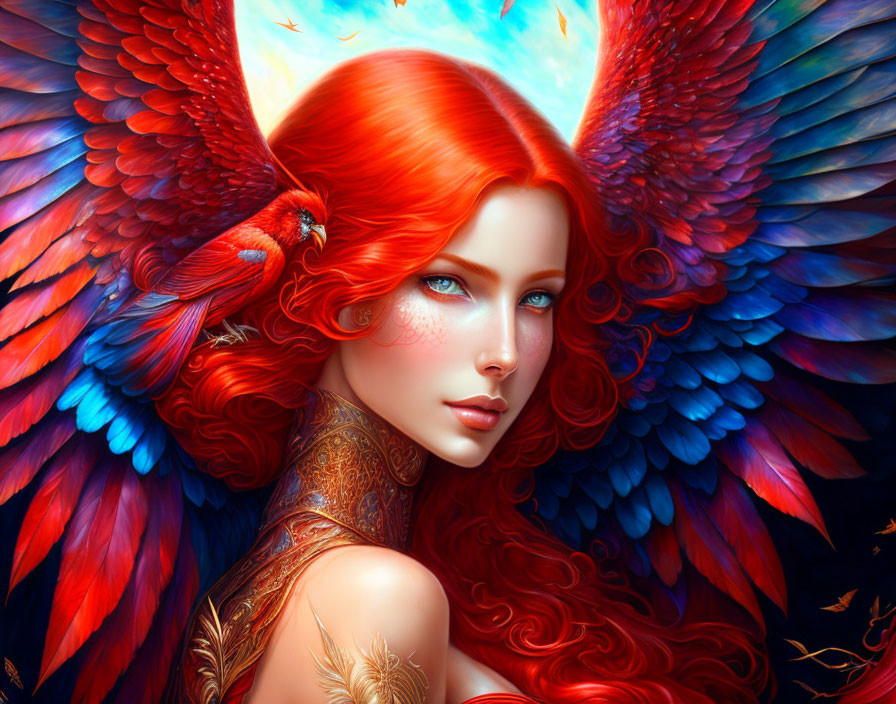 Colorful artwork of woman with red hair and intricate wings, with red bird.