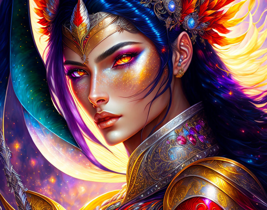 Colorful fantasy artwork of woman with vibrant makeup and ornate armor, feathers, jewels, and cosmic