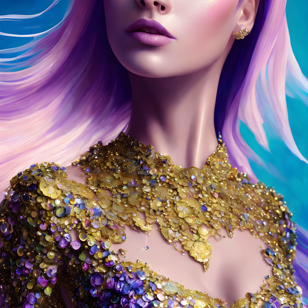 Vibrant Woman with Purple to Blue Ombré Hair in Golden Sequined Garment