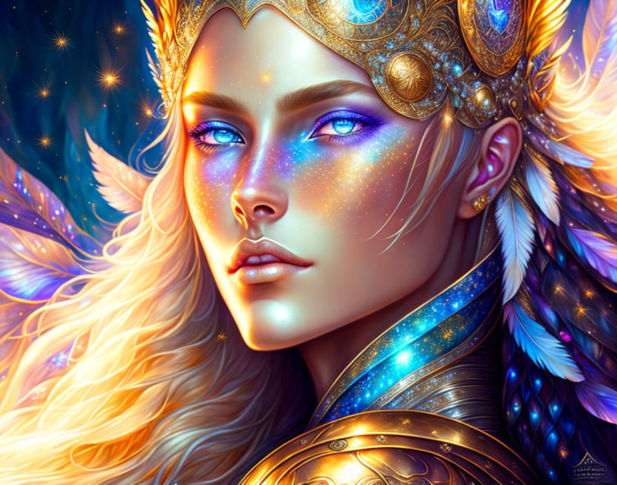 Fantasy illustration of female character with blue eyes and golden headgear in celestial setting