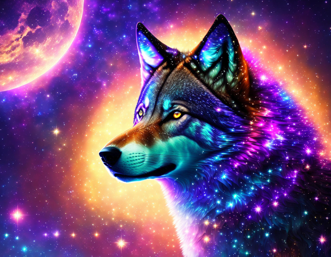 Colorful Cosmic Wolf Digital Art Against Space Backdrop