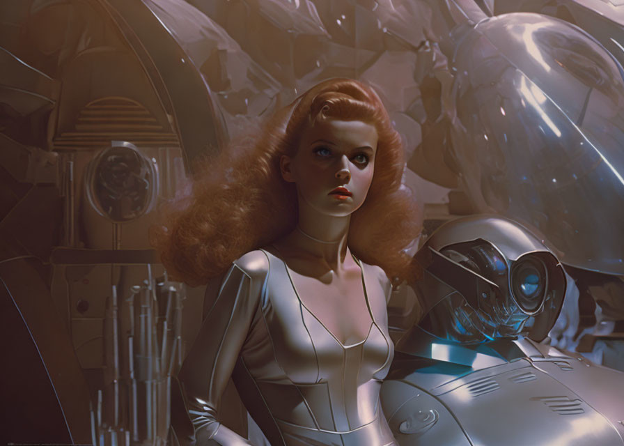 Futuristic woman with voluminous hair beside a robot in industrial setting