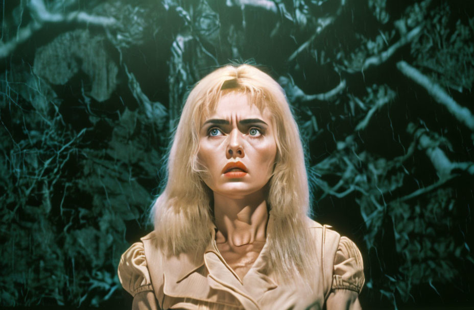 Blonde woman in beige shirt with terrified expression against dark, leafy backdrop