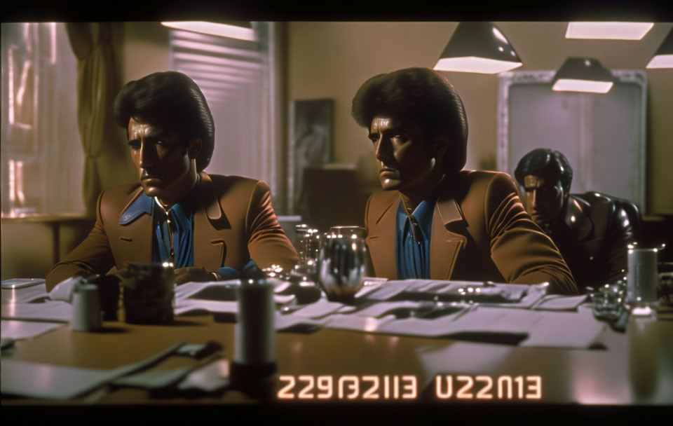 Vintage Hairstyles: Men in Brown Uniforms at Table with Papers