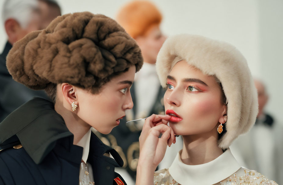 Colorful makeup and fur hats on two models in close engagement with one adjusting lip accessory