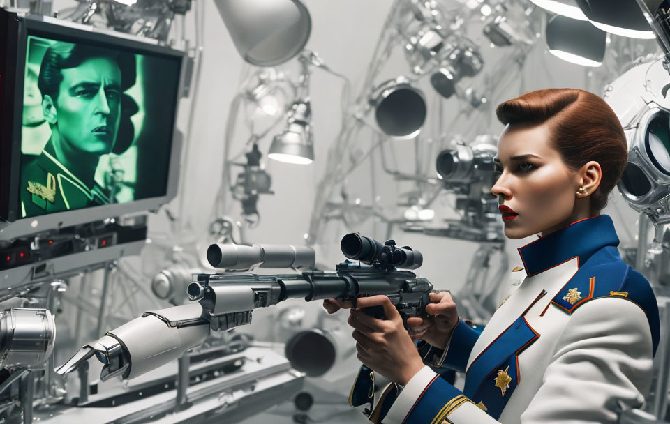 Futuristic woman in military uniform with robotic arms and digital portrait screen