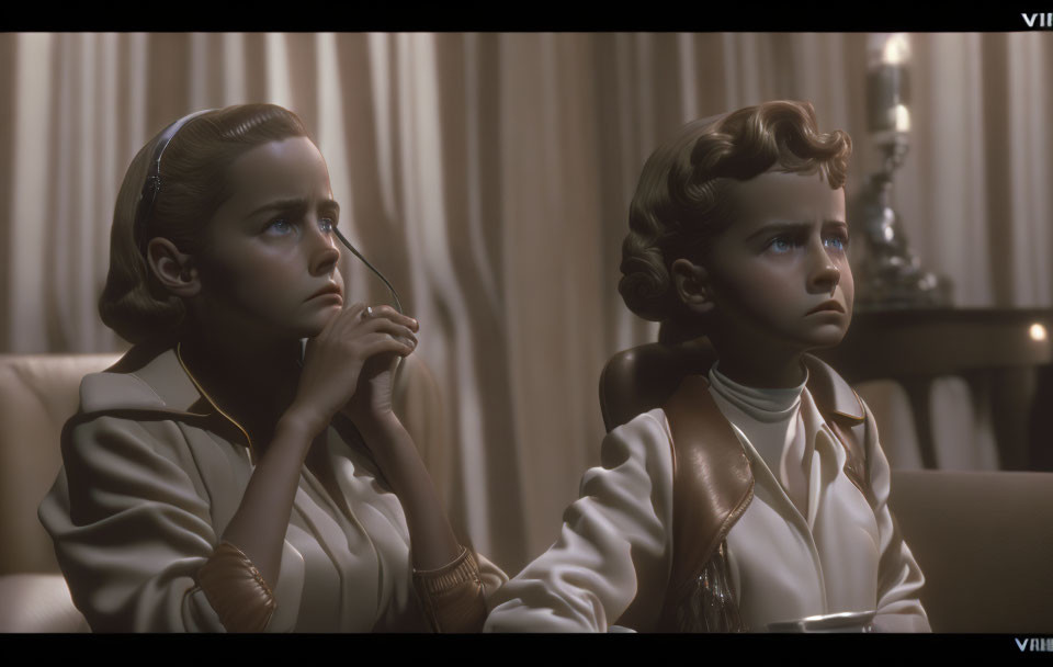 Two children with worried expressions on a couch in dimly lit room.