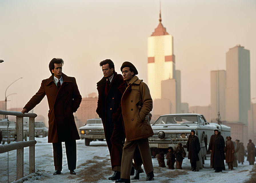 City skyline: Three men in winter coats on bridge at sunrise or sunset