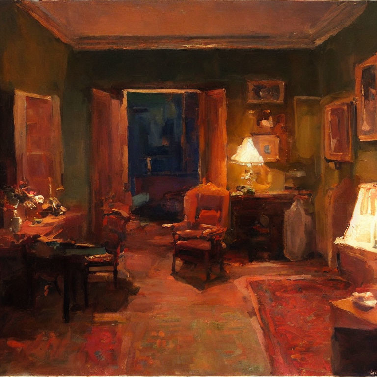 Impressionistic painting of cozy interior room with warm lighting