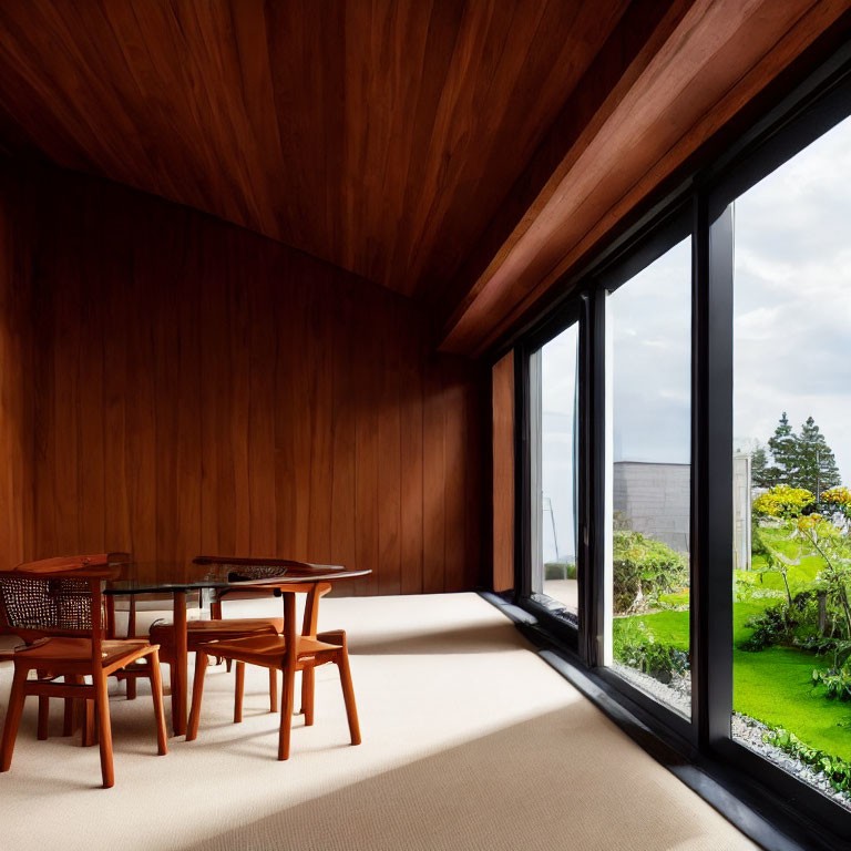 Modern Room with Wooden Walls, Tatami Floor, Large Window, and Minimalist Table