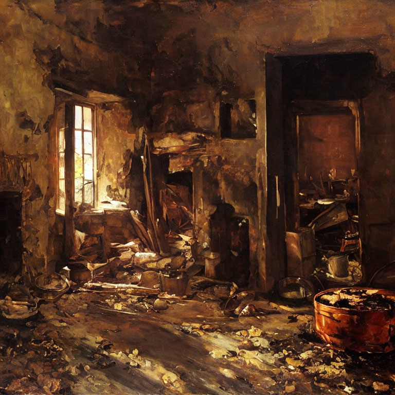 Cluttered room with debris, bright window, and open door