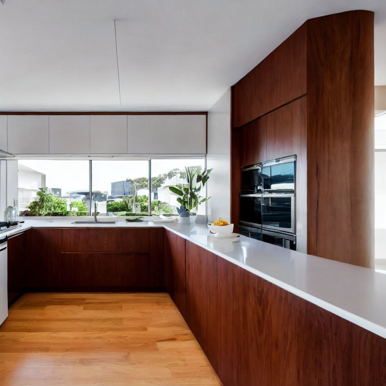 Contemporary Kitchen with Wooden Cabinetry & White Countertops