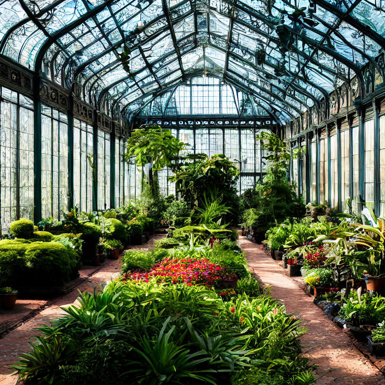 Greenhouse with Metal and Glass Structure Filled with Healthy Plants and Flowers