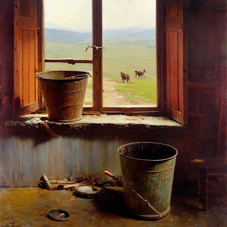 Rustic windowsill with metal buckets and debris overlooking serene horse landscape