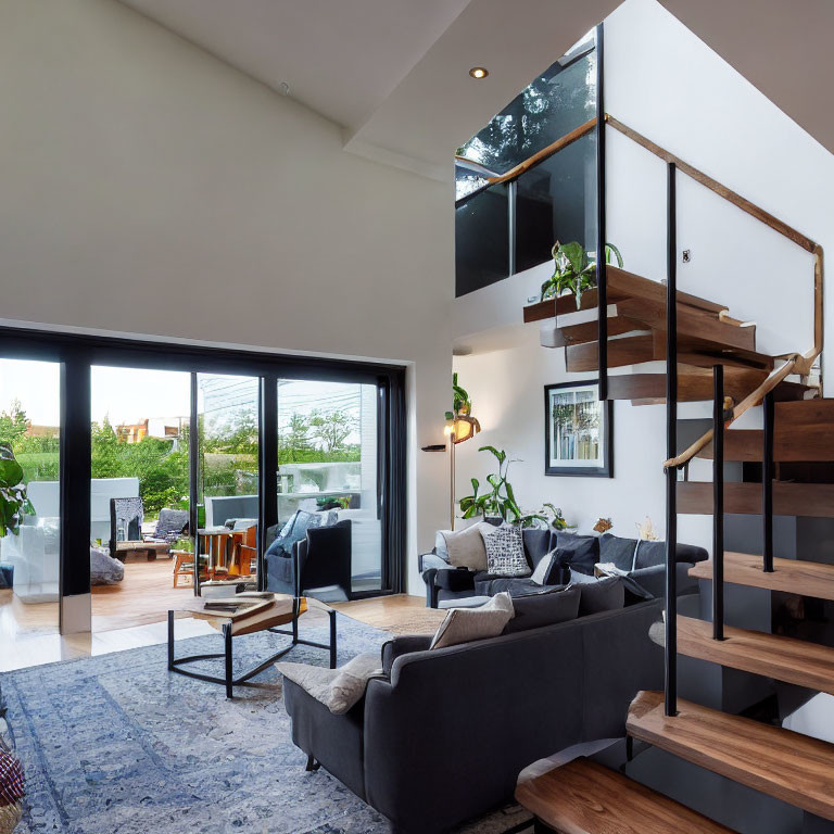 Contemporary living room with dark sofa, wooden staircase, large windows, open floor plan.