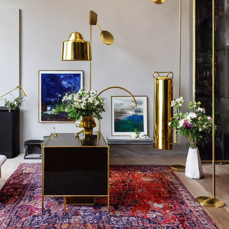 Stylish interior with brass accents, red rug, artworks, and fresh flowers